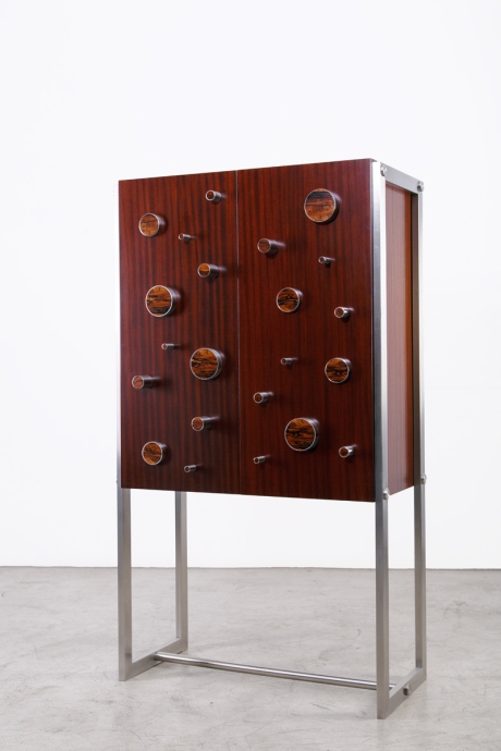 Bar in mahogany, rosewood and stainless steel, mirrored interior, unique piece, designed by XXe Siecle, L 95 W 47 H 172 cm